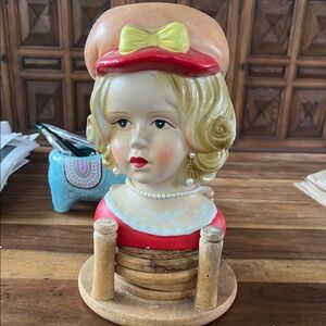 Vintage Lady Bust with Hat Planter- Red and Yellow